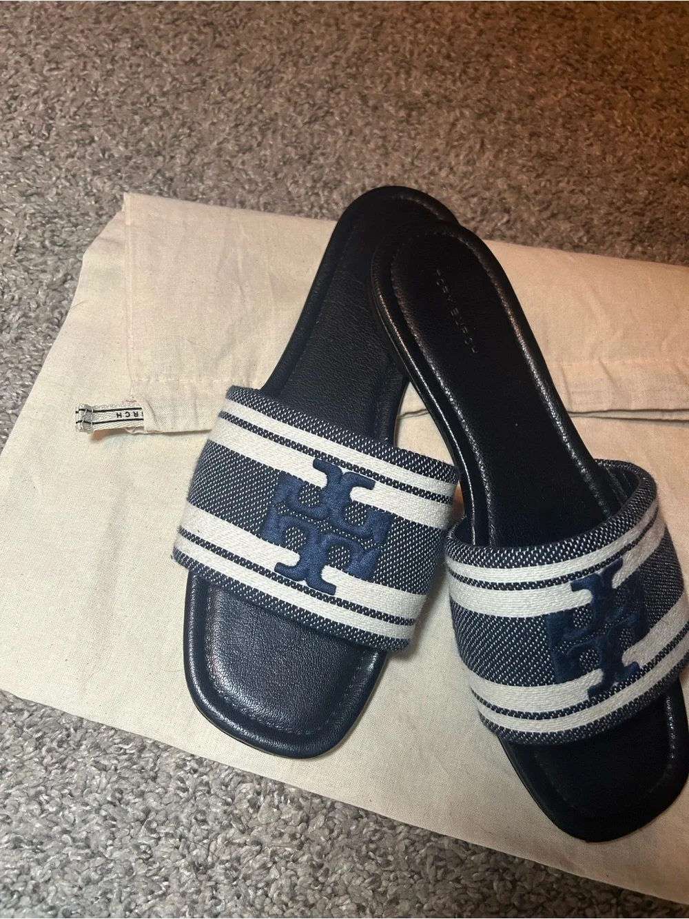 Tory Burch Navy and White Slide Sandals